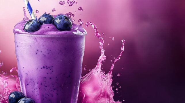 Delicious blueberry smoothies frappe with juice splash and swirling wave effect for drink menu drink poster cafe product menu banner mockup advertising blank business display template