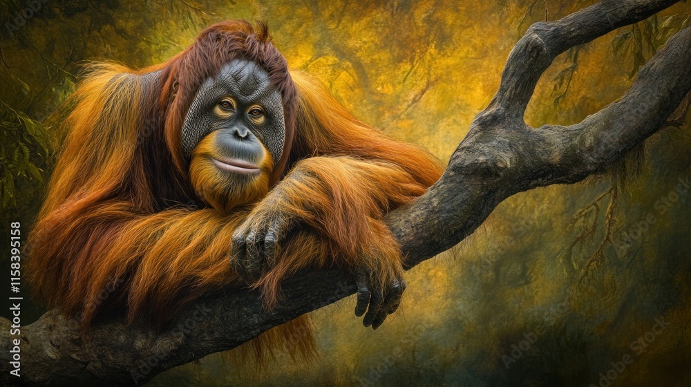 Poster Relaxed orangutan resting on a tree branch in a lush forest.