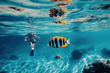 Underwater view of a person snorkeling with vibrant fish in a clear ocean.