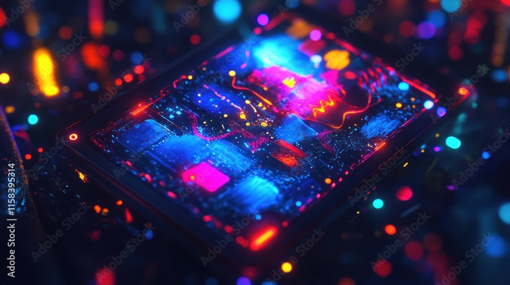 Poster Futuristic glowing tablet displaying vibrant data streams and colorful particles.