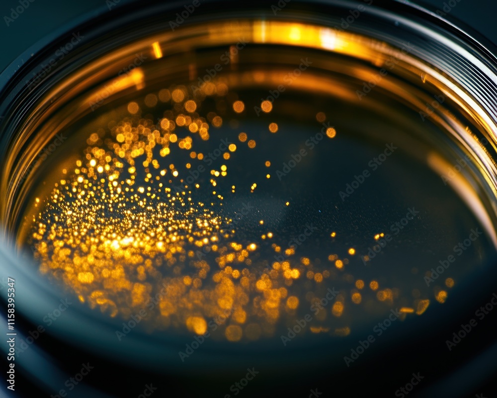 Poster close-up of golden particles in a dark, circular container, resembling bokeh or glitter.