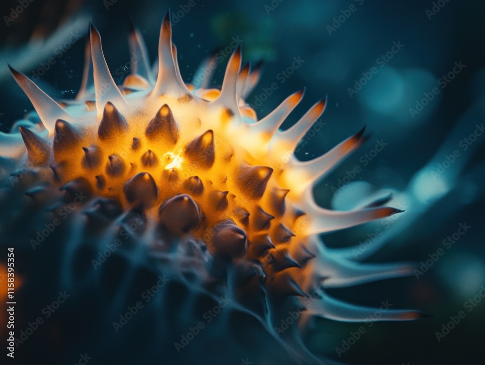 Poster microscopic view of a glowing cell with spiky surface, detailed texture and vibrant colors.