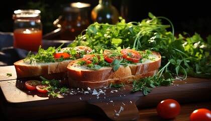 Toasts with cherry tomatoes, arugula and salt on wooden board on background 