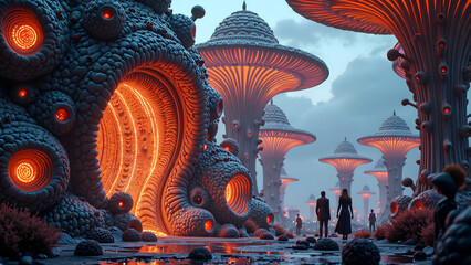 A surreal expedition through bioluminescent mushroom landscapes at dusk, digital art of fantasy concept.