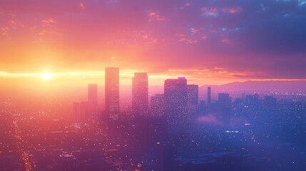 Fototapeta premium A vibrant sunset over a city skyline, with colorful clouds and a serene atmosphere.