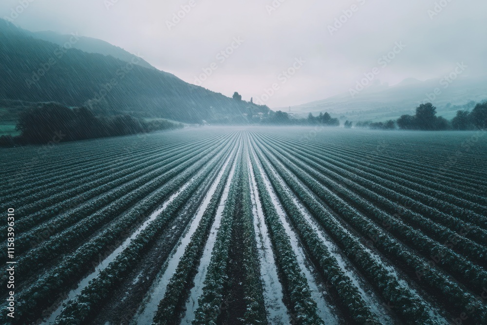 Poster misty morning view of vast agricultural field with rows of crops and distant mountains.
