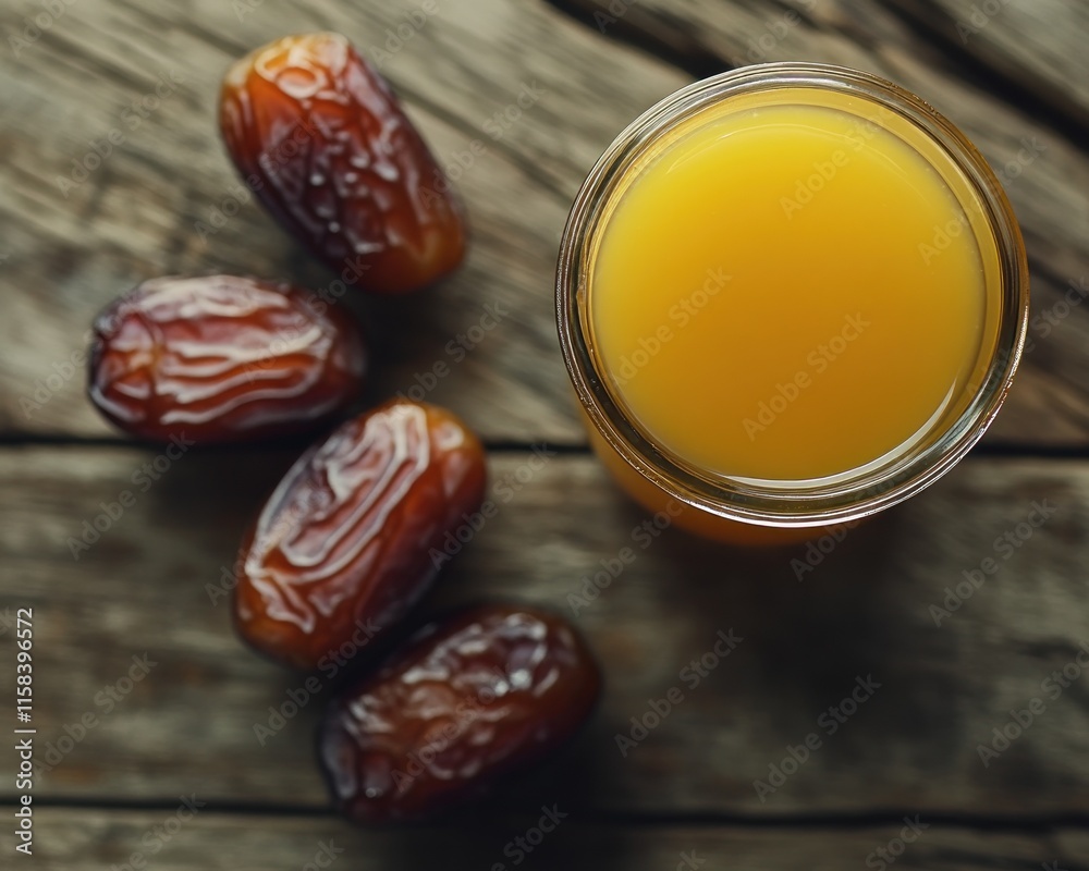 Poster Top view of dates and orange juice on rustic wood.