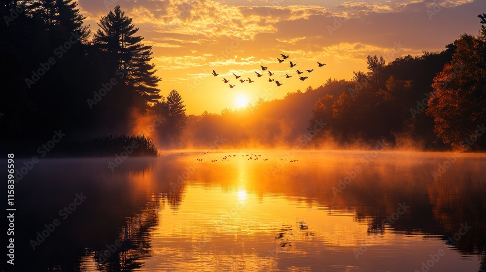 Aufkleber serene sunrise over a misty lake with birds in flight and trees reflected in the water.
