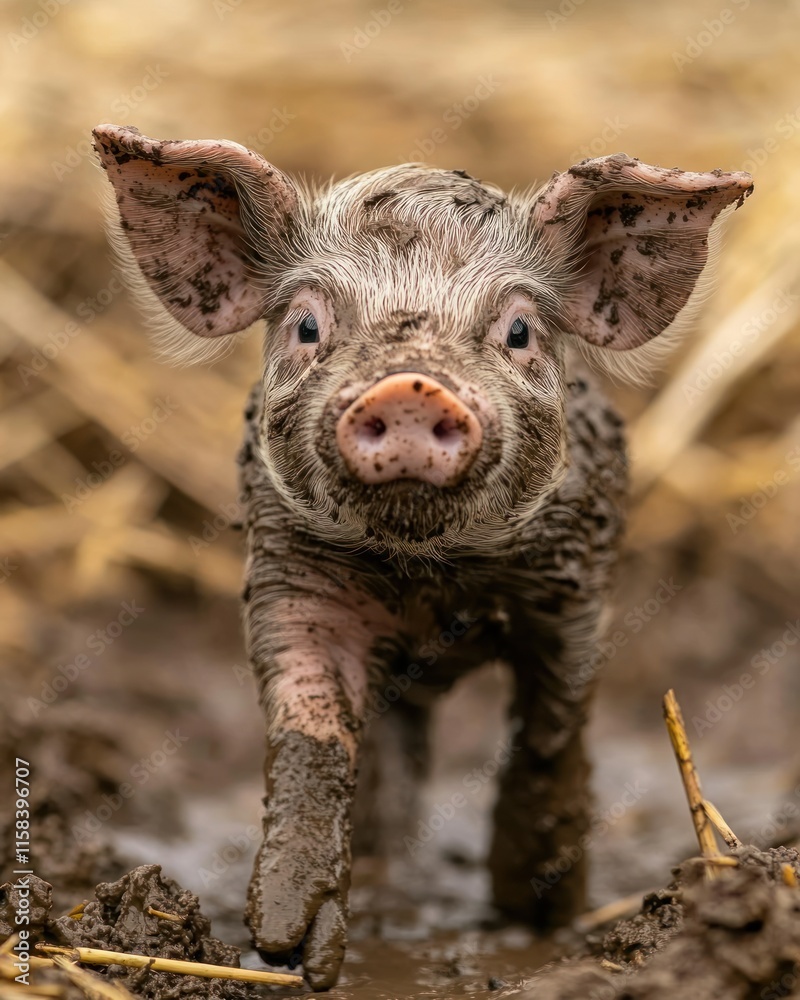 Poster a cute muddy piglet walking towards the camera in a farmyard.