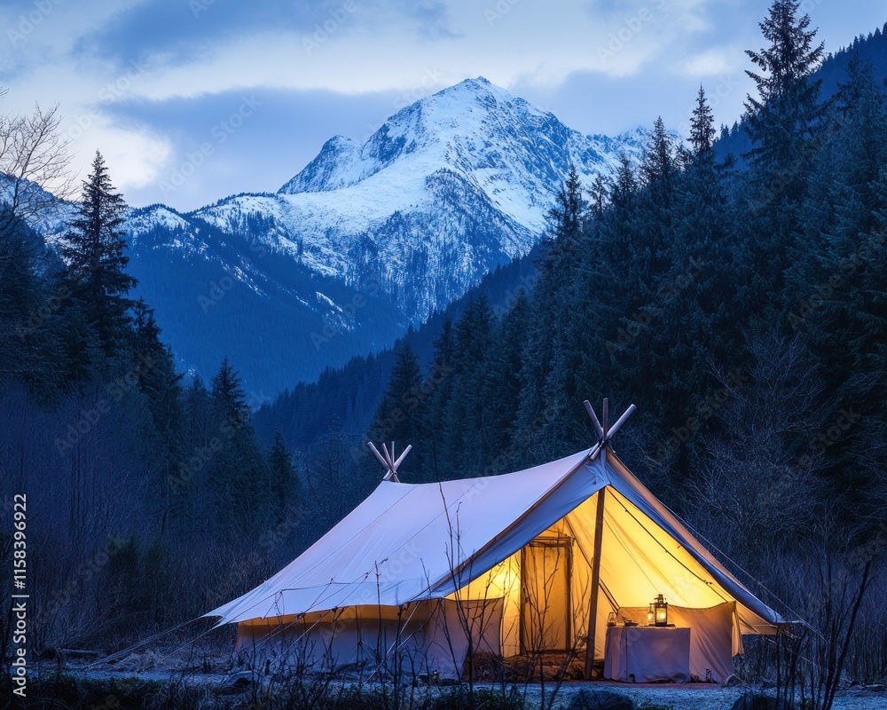 Poster illuminated canvas tent at twilight, nestled in a snowy mountain forest.