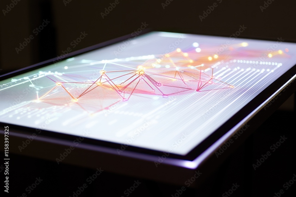 Aufkleber Illuminated digital table displaying interconnected data points and graphs.