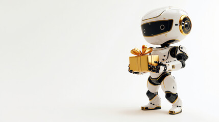 Robot delivering gift futuristic setting digital art playful environment close-up view