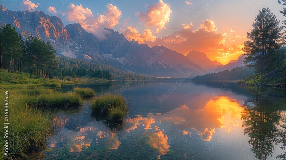 Poster the green grassland, the lake water is calm and clear, reflective colorful clouds in the sky, surrou