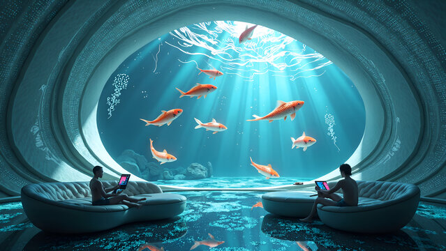 Tranquil underwater oasis with koi fish and relaxing viewers engaged in digital creativity, digital art of fantasy environment concept.