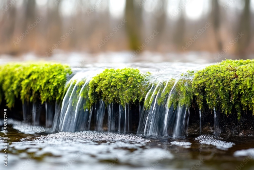 Poster small waterfall cascading over moss-covered rocks in a forest.