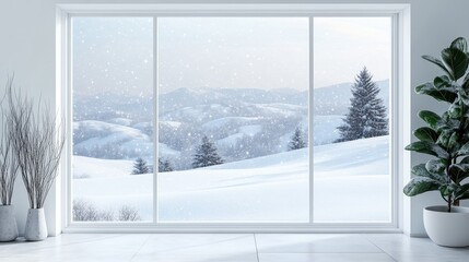 Modern residential window view of snowy background,Snowy glittering winter landscape with space for products and decorations,Happy christmas time,snowfall,snow landscape,copy space.