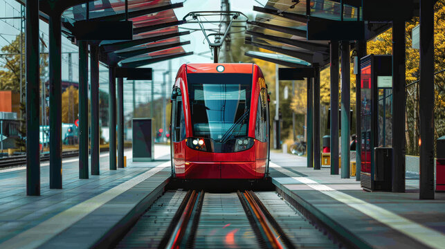 A Vibrant Red Light Rail Train Awaits Passengers at a Sleek, Modern Station Amidst Nature