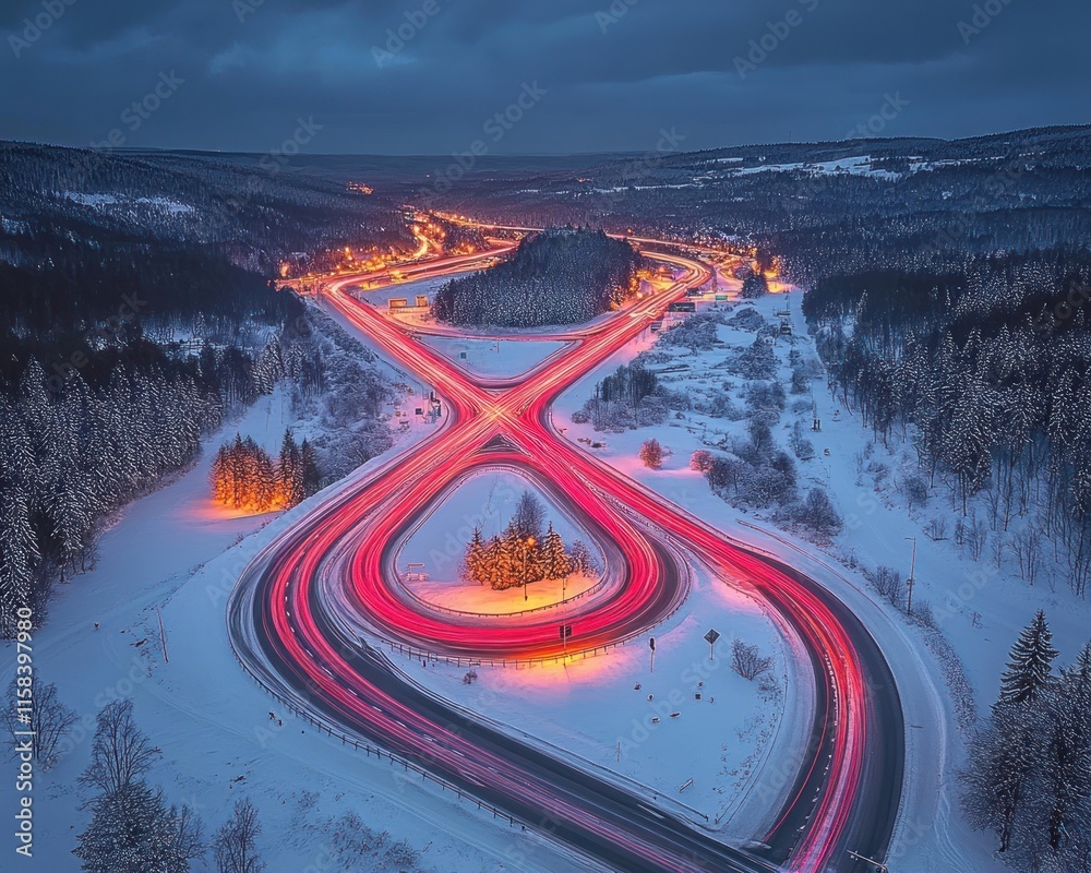 Poster aerial view of a snowy highway interchange at night, with light trails from moving vehicles forming 