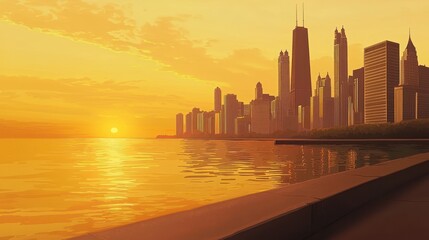 A serene sunset over a city skyline reflecting on water, evoking tranquility and beauty.