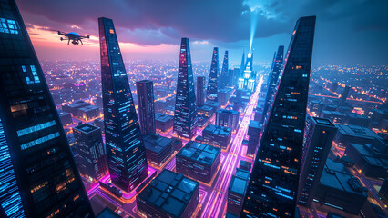 Fototapeta premium Aerial view of a futuristic cityscape illuminated by neon lights and drones at twilight, digital art of futuristic city concept.