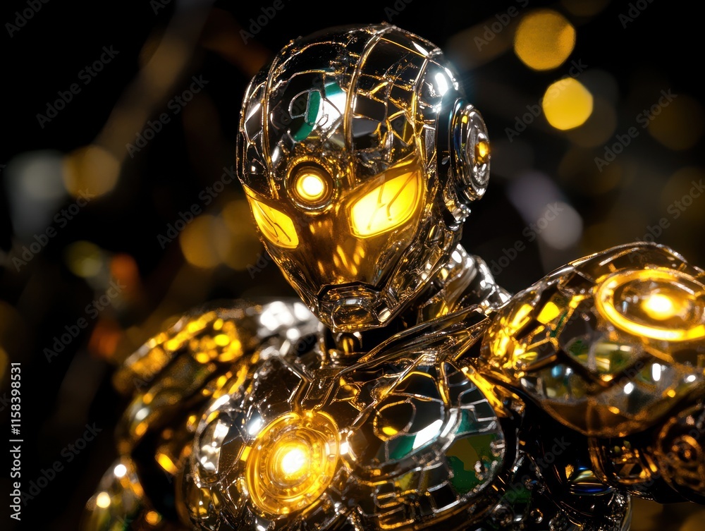 Poster close-up of a futuristic metallic robot with glowing yellow lights, set against a dark background wi