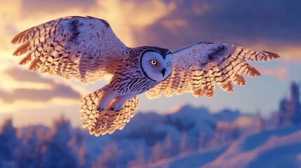A majestic owl in flight against a colorful sunset backdrop.