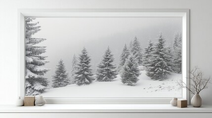Fototapeta premium Modern residential window view of snowy background,Snowy glittering winter landscape with space for products and decorations,Happy christmas time,snowfall,snow landscape,copy space.