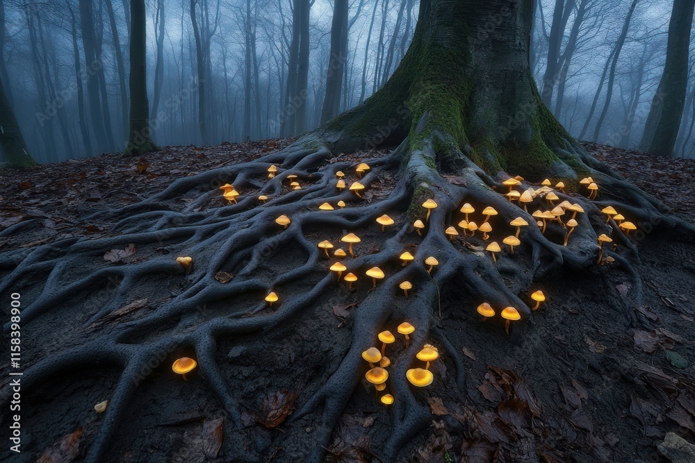 Poster glowing mushrooms illuminate tree roots in a misty forest.