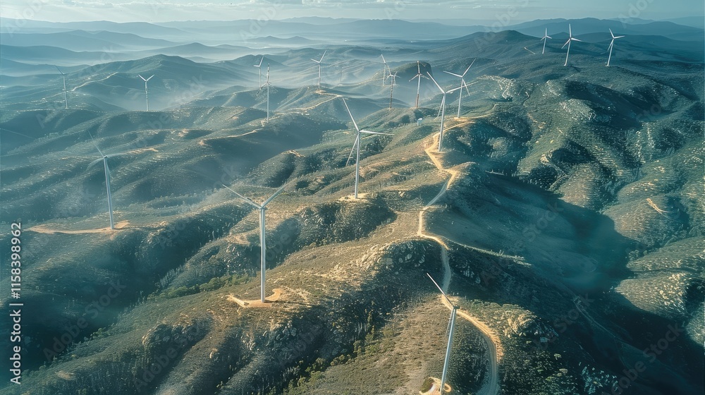 Poster Massive wind turbines along multiple mountain ridge lines with turbines connected by a myriad of wide dirt tracks scarring the landscape. Aerial high view.