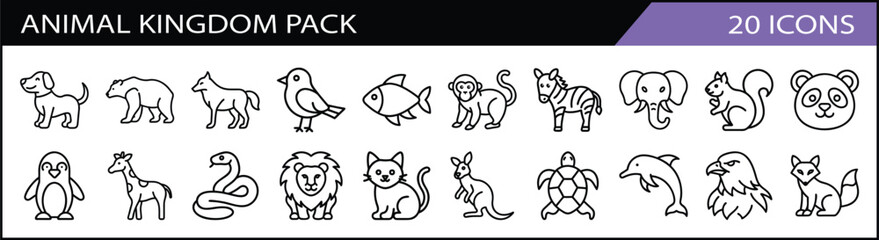 Set of 20 Animal Kingdom Icons Pack - A diverse collection of 20 animal-themed line icons, showcasing wildlife such as lions, dogs, birds, fish, and exotic creatures.