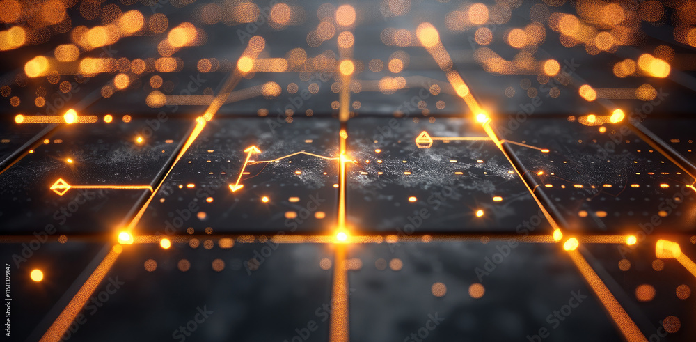Aufkleber futuristic chart grid with glowing golden arrow details on a shadowy black surface.