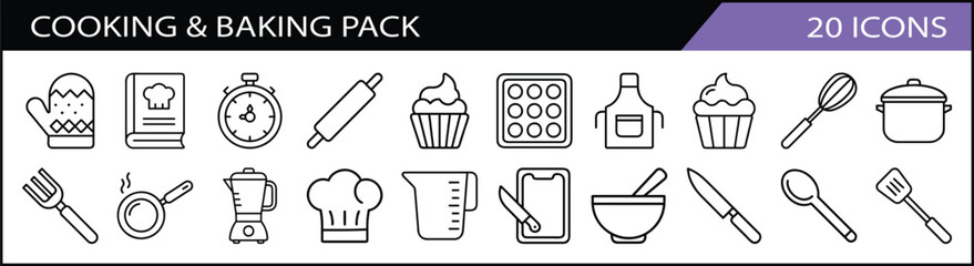 Set of 20 Cooking and Baking Icons Pack - A culinary collection of 20 cooking and baking-themed line icons, including utensils, mixers, measuring cups, and chef essentials.