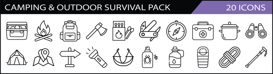 Set of 20 Camping and Outdoor Survival Icons Pack - A rugged collection of 20 camping and outdoor survival-themed line icons, featuring gear, tents, tools, and exploration essentials.
