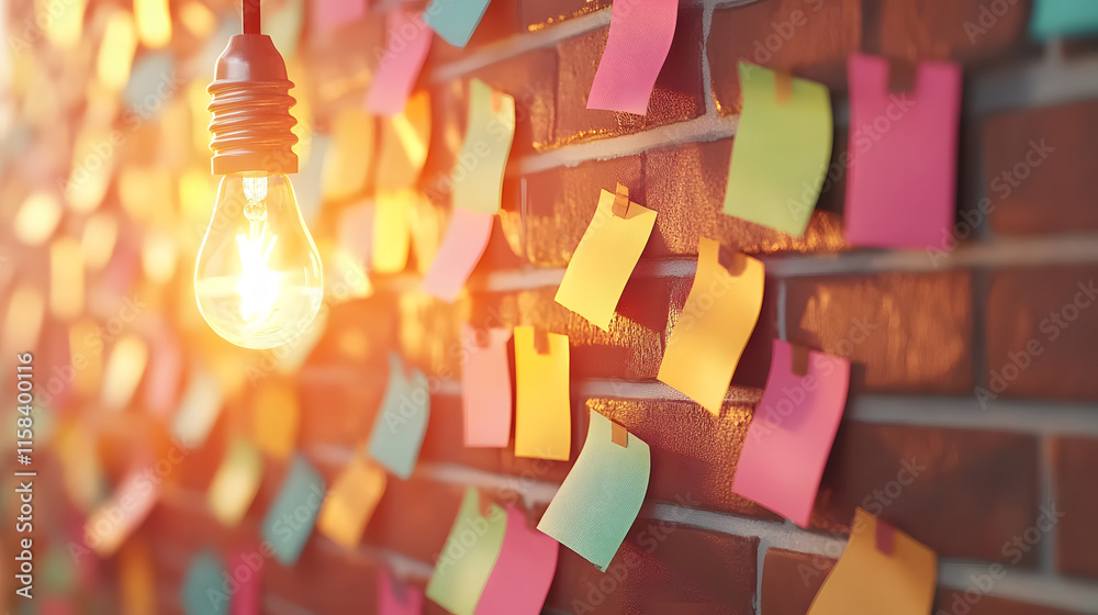 Poster colorful sticky notes on a wall illuminated by a hanging light bulb