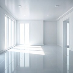 Fototapeta premium Modern indoor interior background featuring reflective white flooring, seamless walls, and sunlight streaming through expansive windows