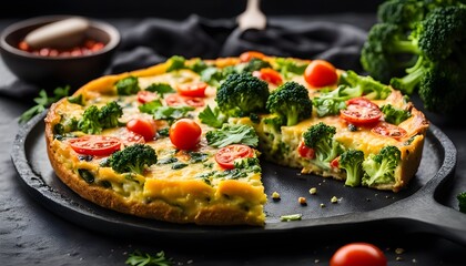 Frittata with broccoli and tomatoes on black stone table
