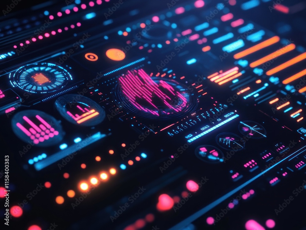 Aufkleber Futuristic digital interface with glowing graphs and data visualizations.
