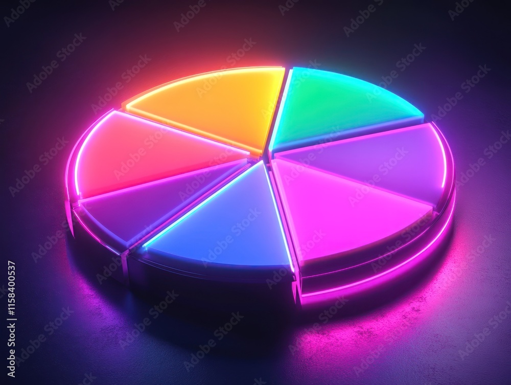 Poster neon pie chart with six vibrant color segments.