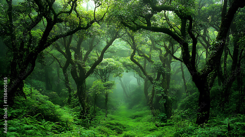 Aufkleber lush green forest with mist, creating a serene and tranquil atmosphere