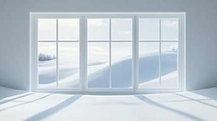 Fototapeta premium Modern residential window view of snowy background,christmas tree and gift boxes.Snowy glittering winter landscape with space for products and decorations,Happy christmas time,snowfall.