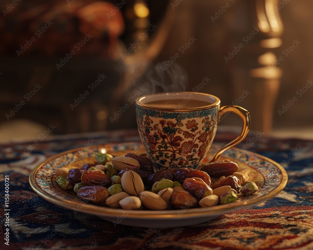 Poster steaming cup of coffee with dates and pistachios on ornate plate.
