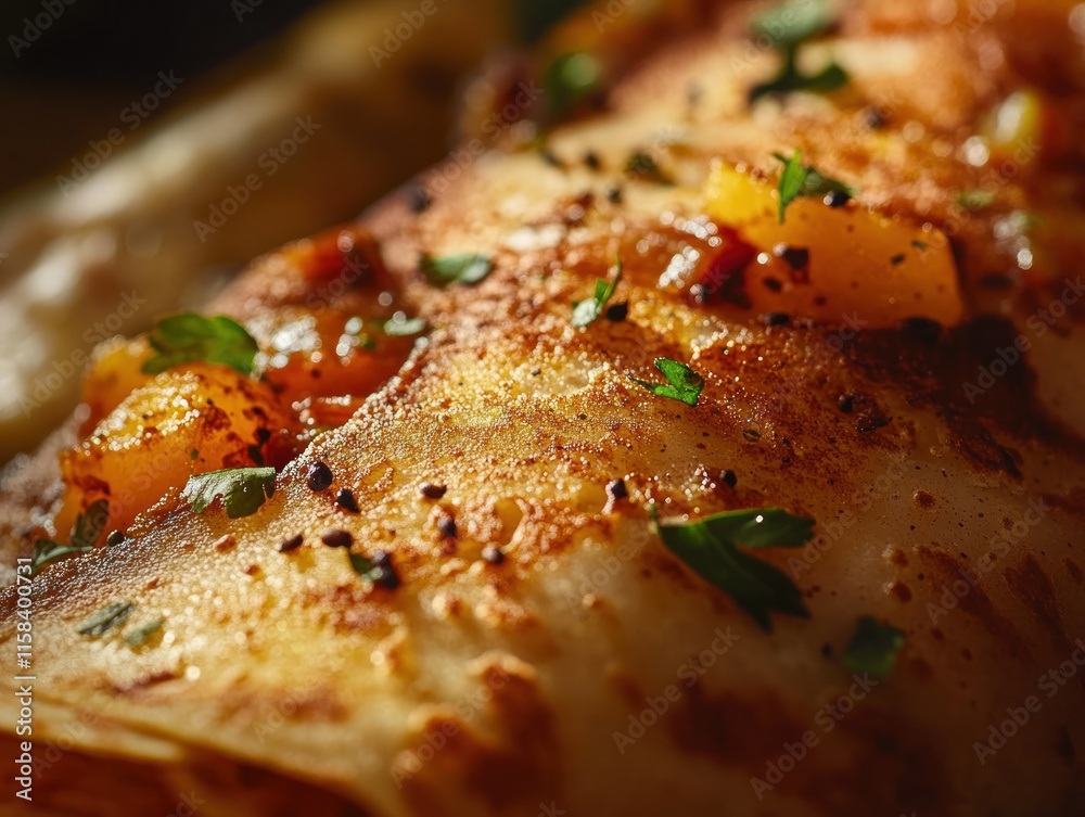 Poster close-up of a delicious crepe topped with caramelized apples and herbs.