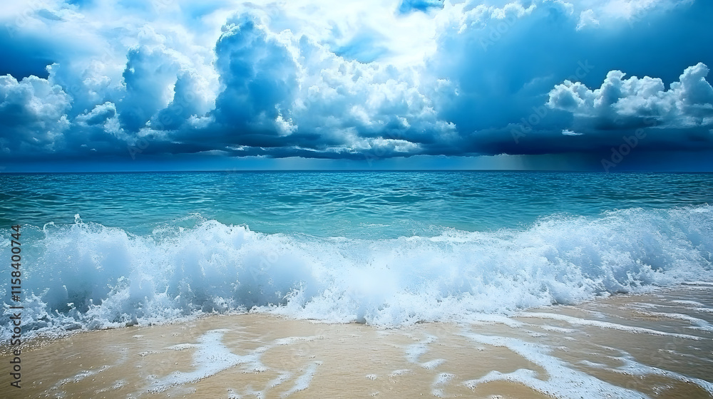 Aufkleber serene ocean waves crashing on a sandy beach under a cloudy blue sky