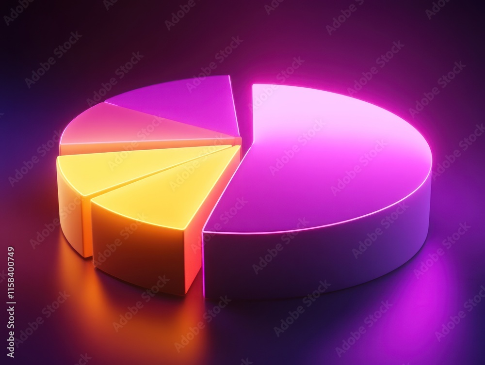 Poster glowing 3d pie chart with segments in purple and yellow, on dark background.