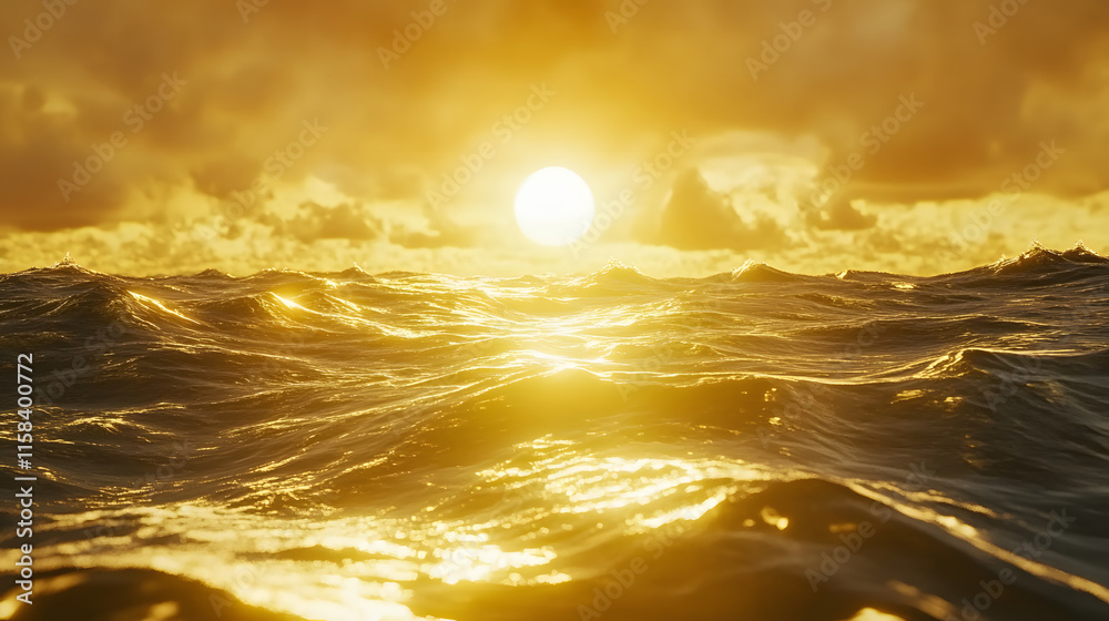 Poster golden sun setting over ocean waves, creating a serene and peaceful atmosphere