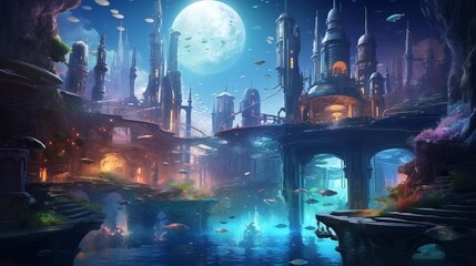 A stunning digital of a futuristic bioluminescent underwater city with glowing otherworldly architecture and various marine creatures swimming amongst the submerged structures