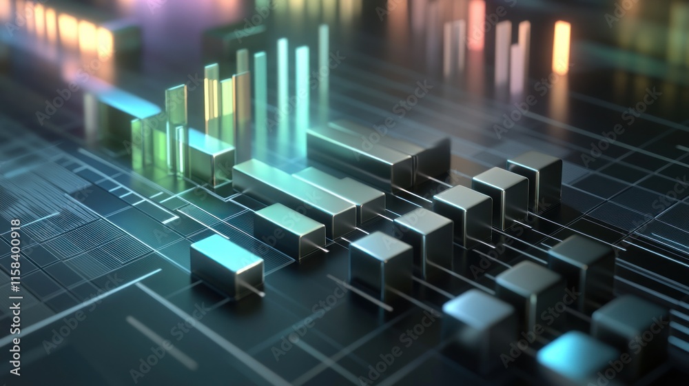 Poster Abstract 3D rendering of glowing data blocks and lines on a digital circuit board, representing data flow and technology.