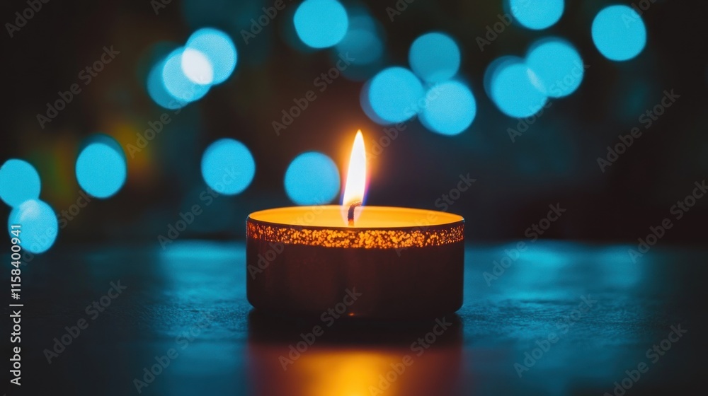 Poster lit candle on dark surface with blue bokeh background.