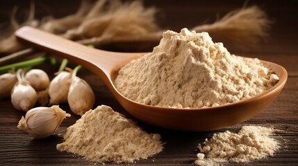 Close up of maca root powder extract displayed with a wooden spoon and dried maca roots captured in soft natural lighting  Maca is a superfood known for its nutritional and adaptogenic benefits