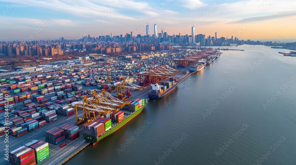 Poster aerial view of a bustling port with container ships, cranes, and a cityscape in the background at su